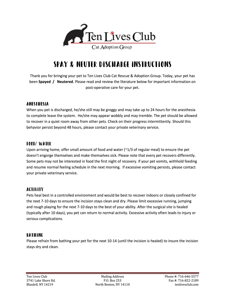 Fillable Online Spay & Neuter Discharge Instructions Ten Lives Club