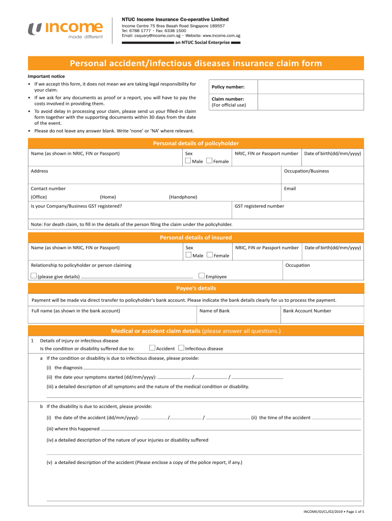 Personal accident/infectious diseases insurance claim form Preview on Page 1.