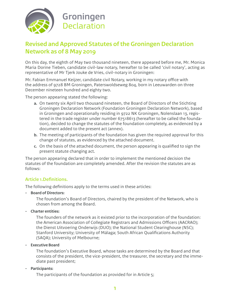 Fillable Online 1 Revised and Approved Statutes of the Groningen