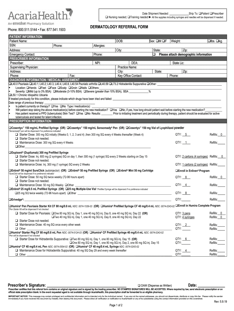 Acaria Heatlh - Dermatology Referral Form Dermatology Referral Form Preview on Page 1