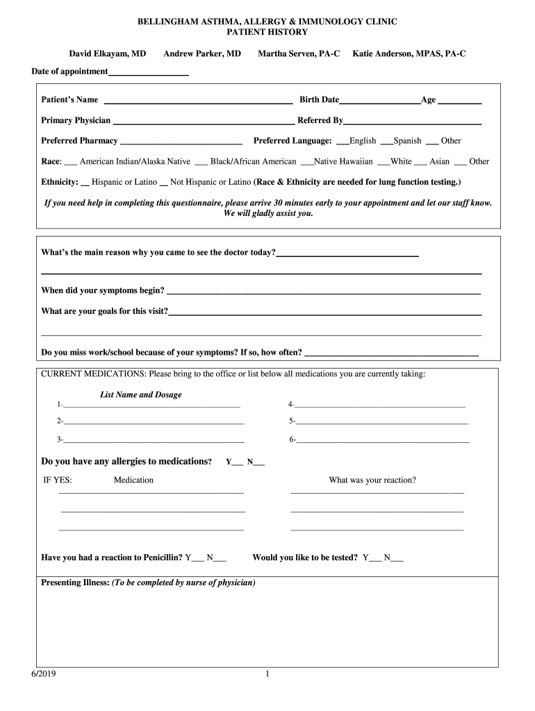 Fillable Online New Patient History Bellingham Asthma, Allergy and