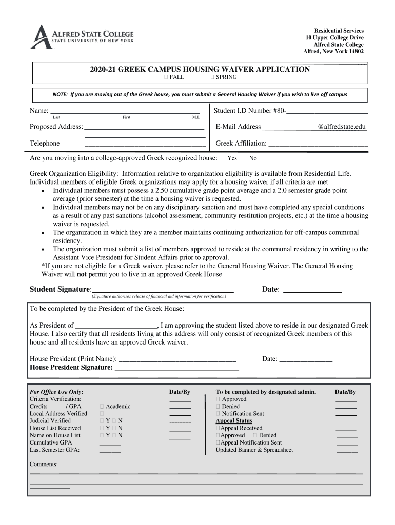 Fillable Online housing waiver application statement of Alfred