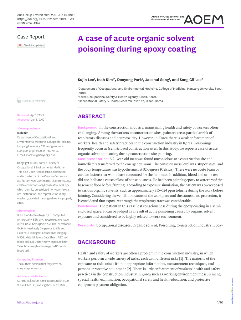 Fillable Online A case of acute organic solvent poisoning during epoxy