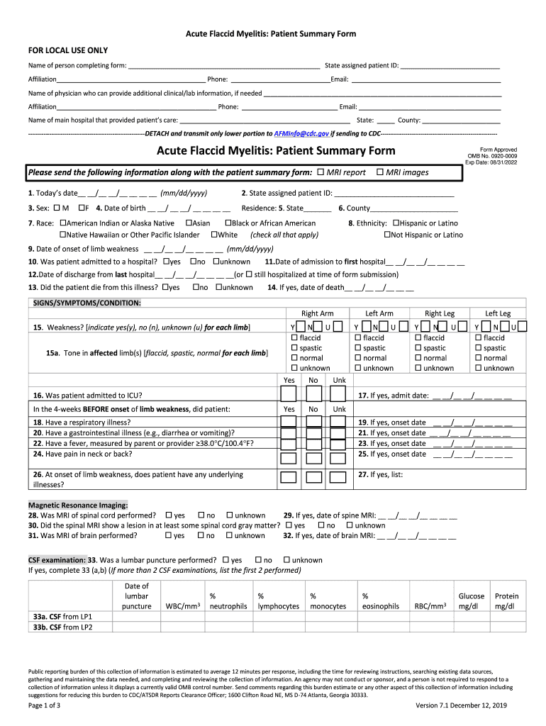 Acute Flaccid Myelitis Patient Summary Form - Centers for Preview on Page 1