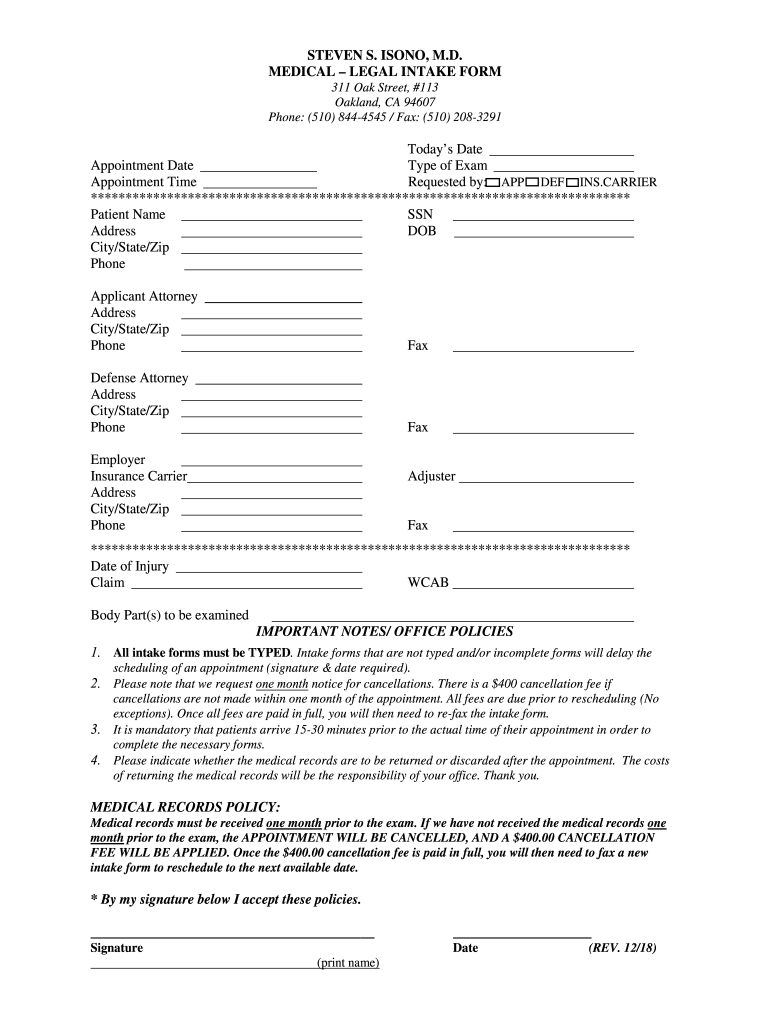 isono intake form Preview on Page 1
