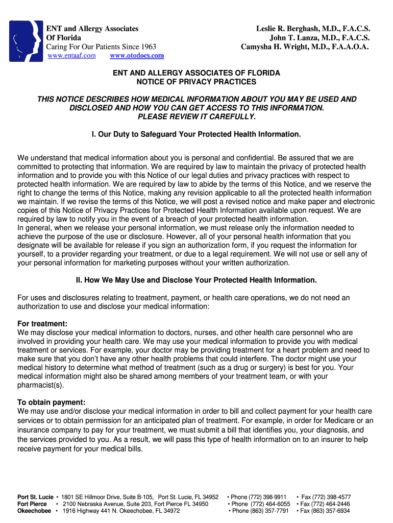 Fillable Online ENT and Allergy Associates Leslie R. Berghash, MD, FACS