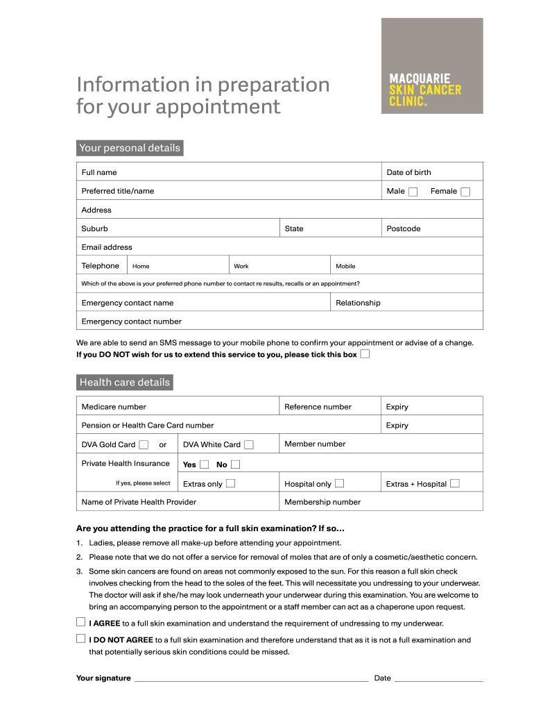 Macquarie Skin Cancer Clinic pre-appointment form Preview on Page 1