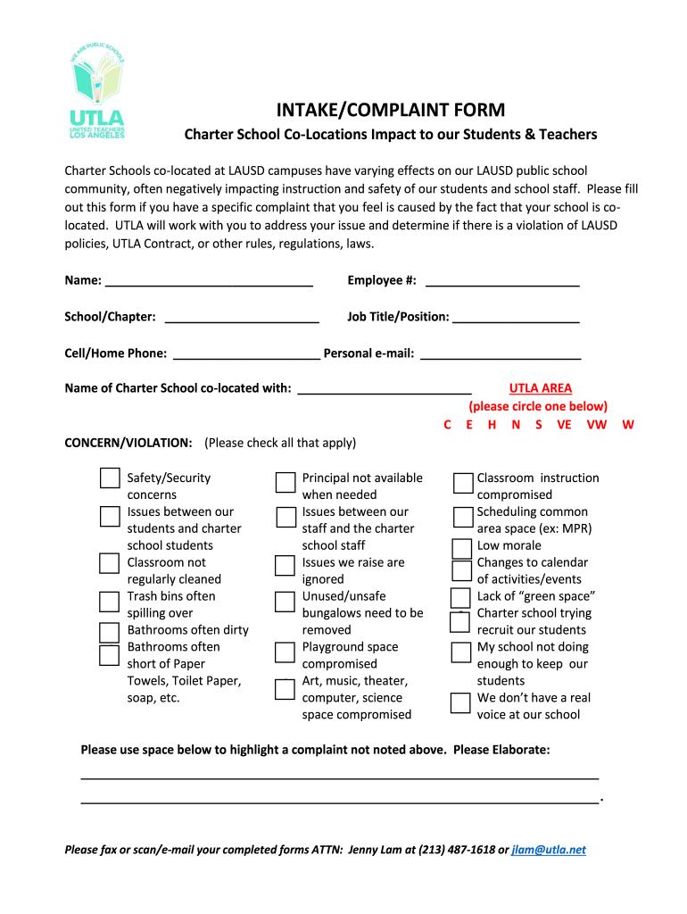 intake complaint form - UTLA Preview on Page 1