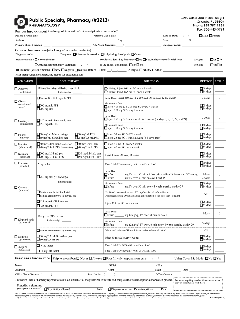 Publix Specialty Pharmasy Rheumatology RP1103 2018-2021 - Fill and Sign