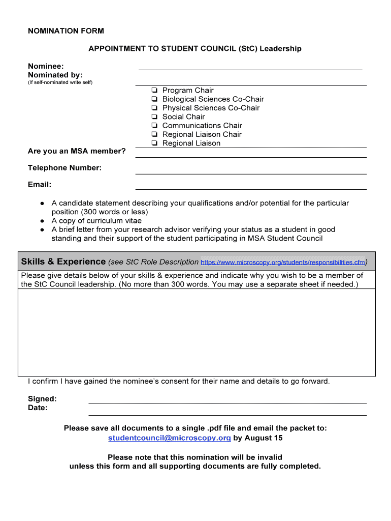 NOMINATION FORM APPOINTMENT TO STUDENT COUNCIL Preview on Page 1