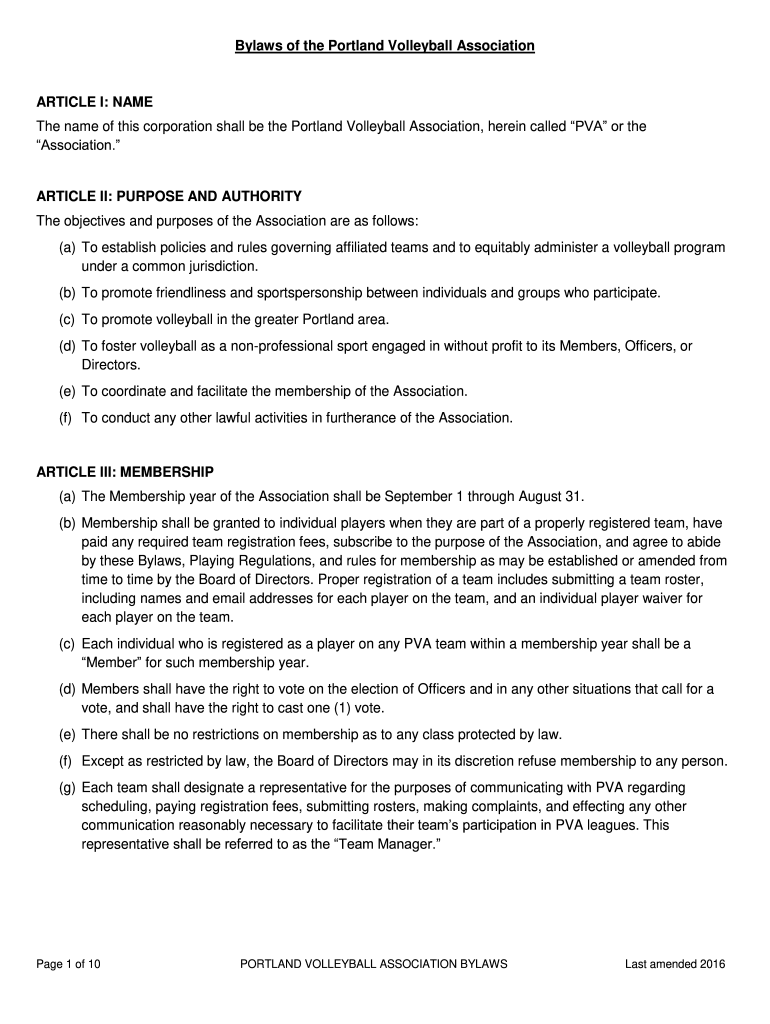 Fillable Online Bylaws of the Portland Volleyball Association Fax Email