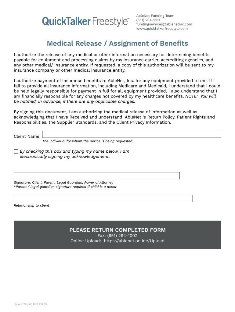 Medical Release Assignment of Benefits - QuickTalker Preview on Page 1