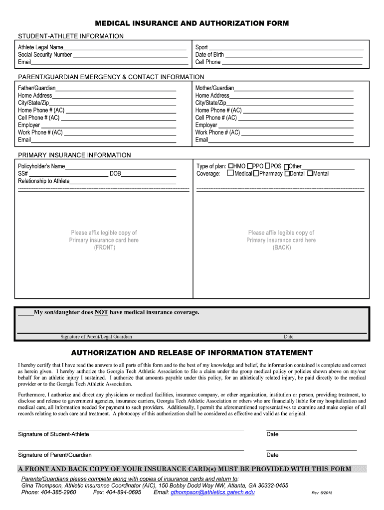 MEDICAL INSURANCE AND AUTHORIZATION FORM Preview on Page 1