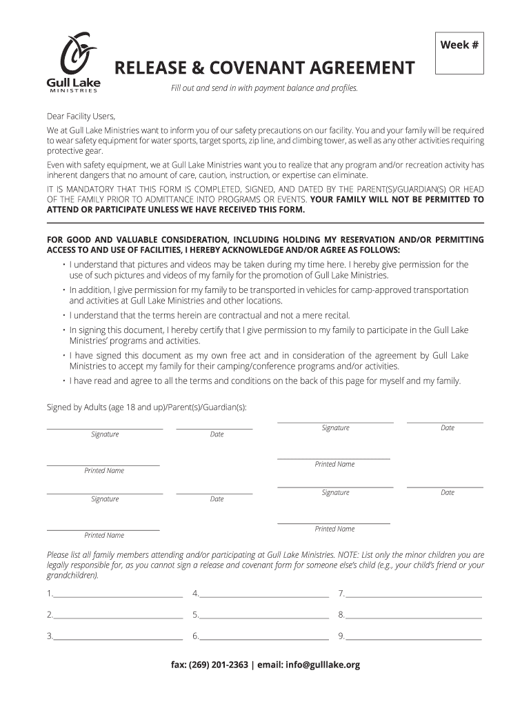 release and covenant agreement - Gull Lake Ministries Preview on Page 1