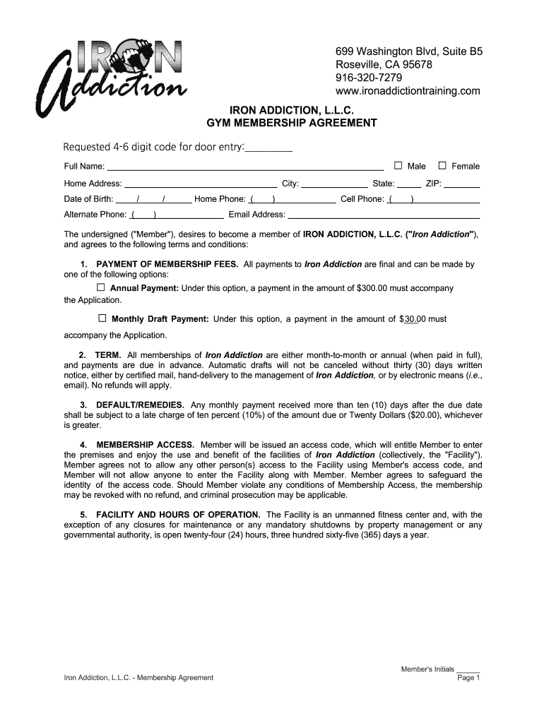 IRON ADDICTION, L L C GYM MEMBERSHIP AGREEMENT Preview on Page 1