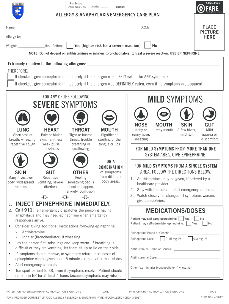 Allergy Anaphylaxis Emergency Care PlanManualzz Preview on Page 1