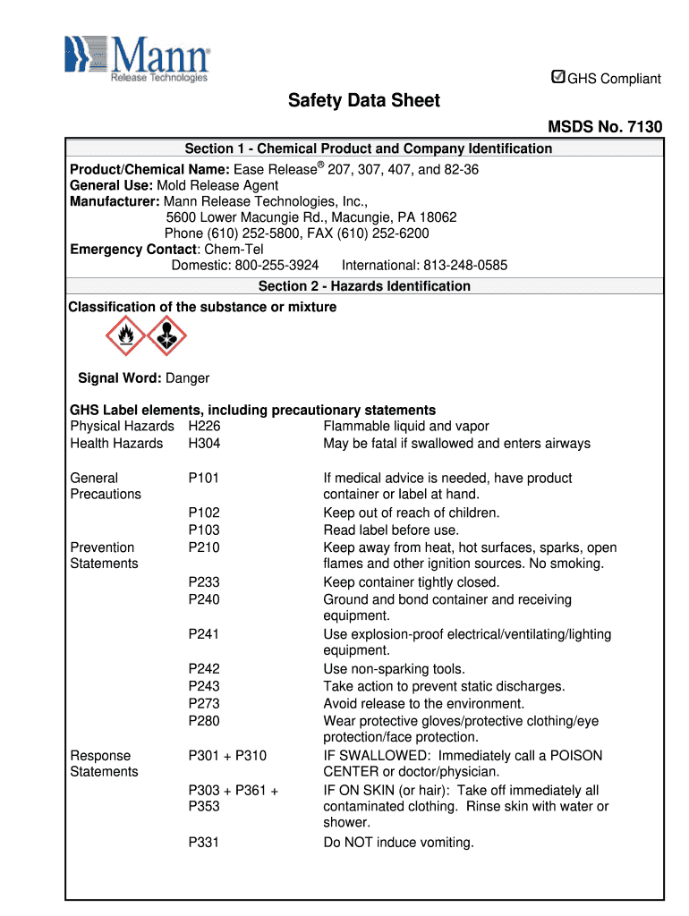 Fillable Online GHS Compliant Safety Data Sheet Mann Release Fax
