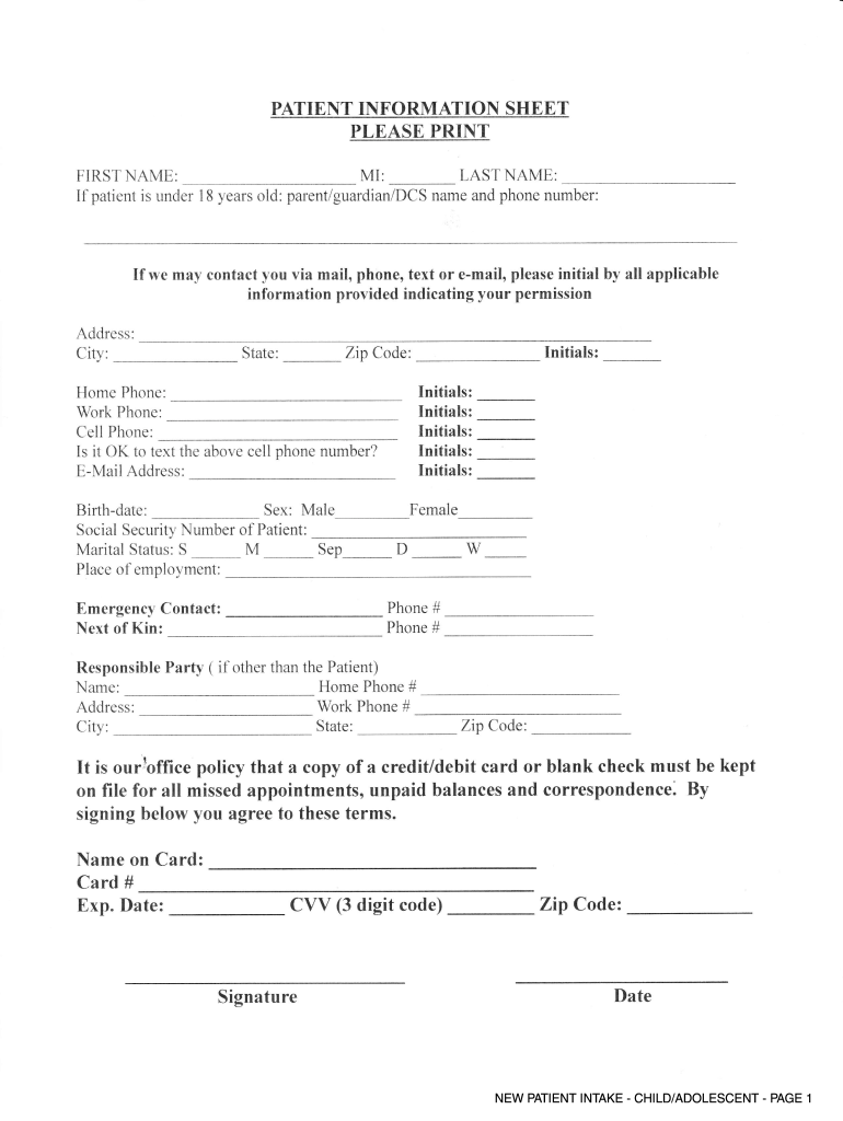 NEW PATIENT INTAKE - CHILD ADOLESCENT - PAGE 1 Preview on Page 1