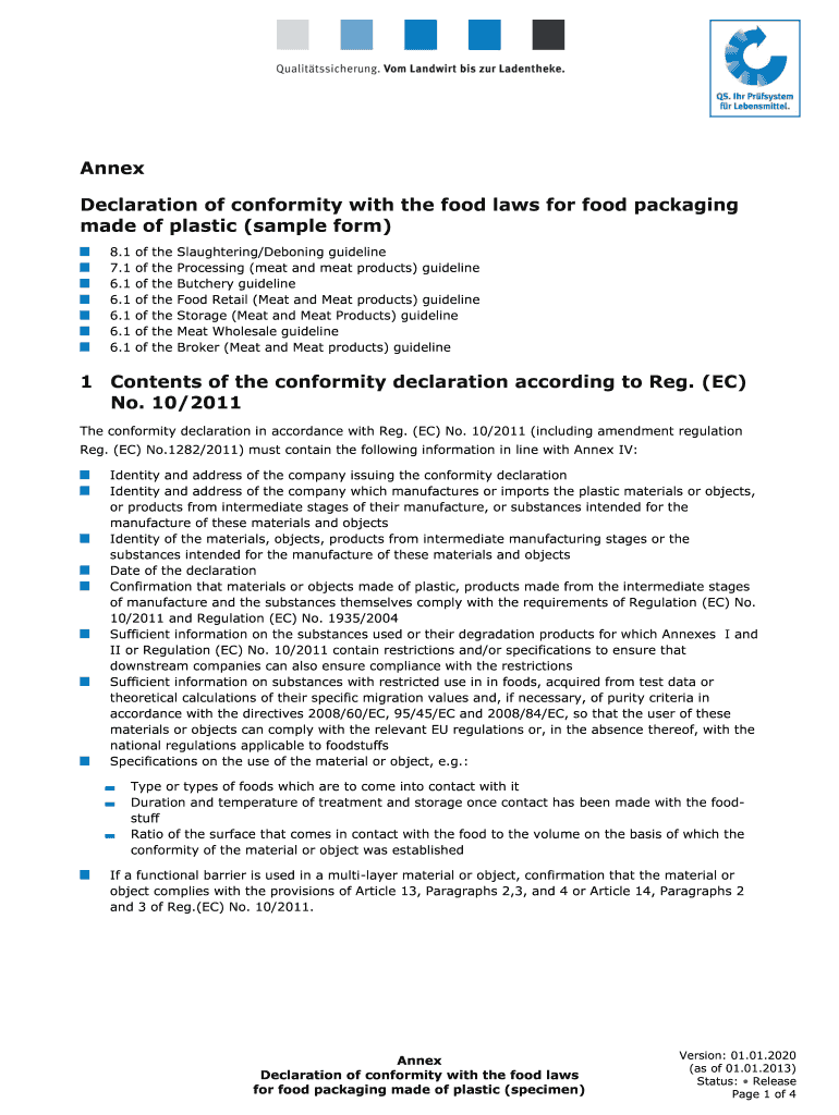Fillable Online Annex Declaration of conformity with the food laws for