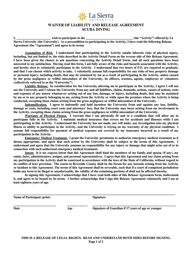 Scuba Diving Waiver Preview on Page 1