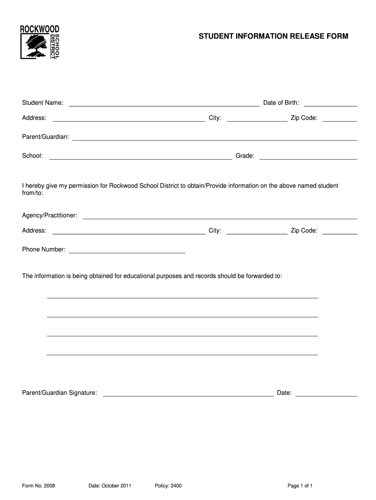 Fillable Online Student Information Release Form Rockwood School