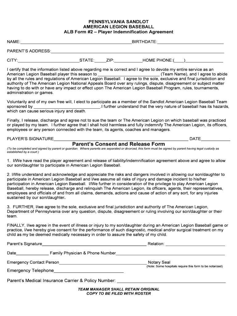 PA Sandlot American Legion Baseball ALB Form 2 Fill and Sign