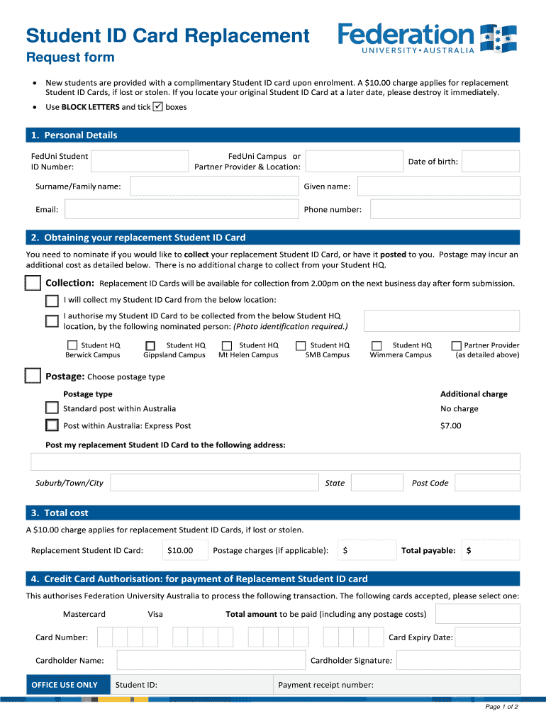 AU Federation University Student ID Card Replacement Request Form With Regard To Credit Card Authorisation Form Template Australia