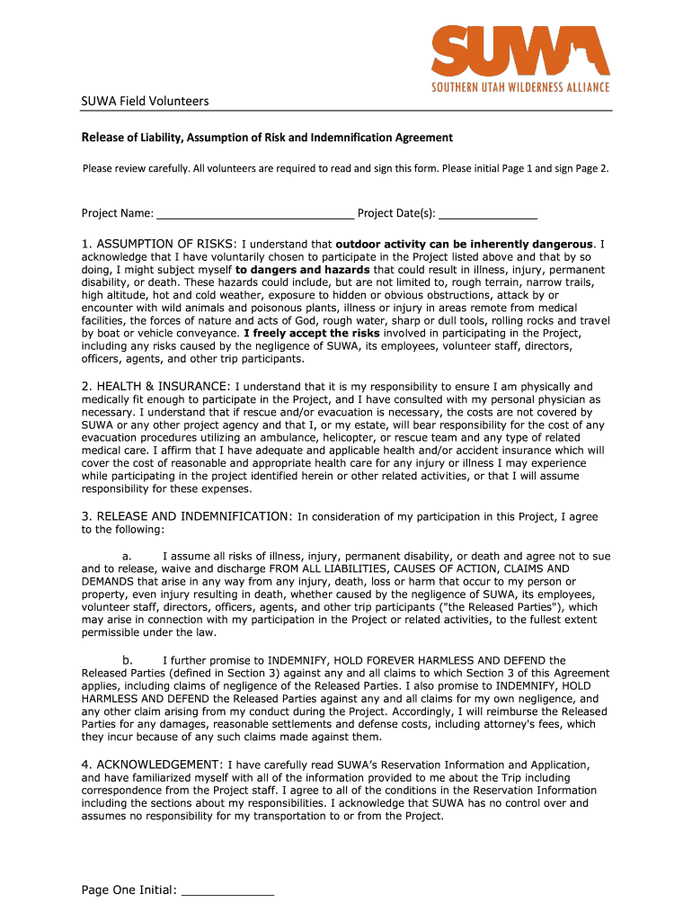Volunteer Agreement Health & Contact Form Preview on Page 1