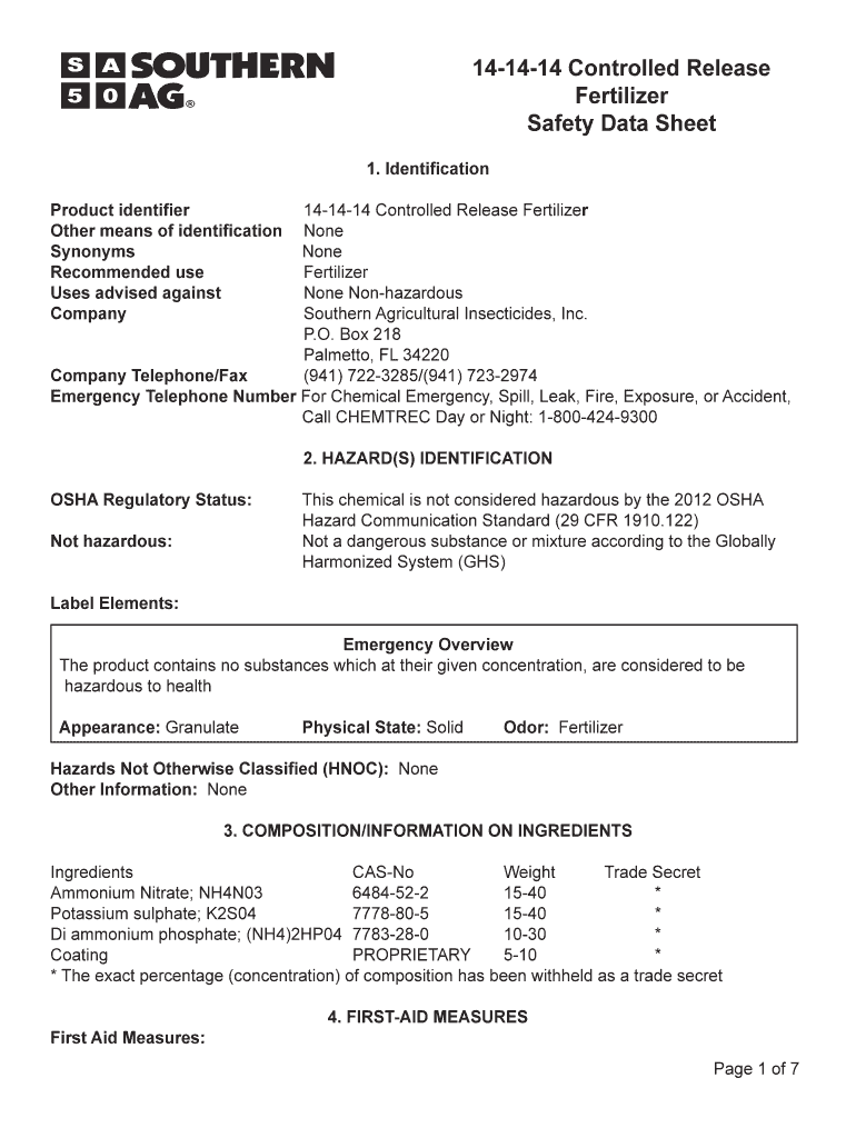 Fillable Online 141414 Controlled Release Fertilizer Safety Data