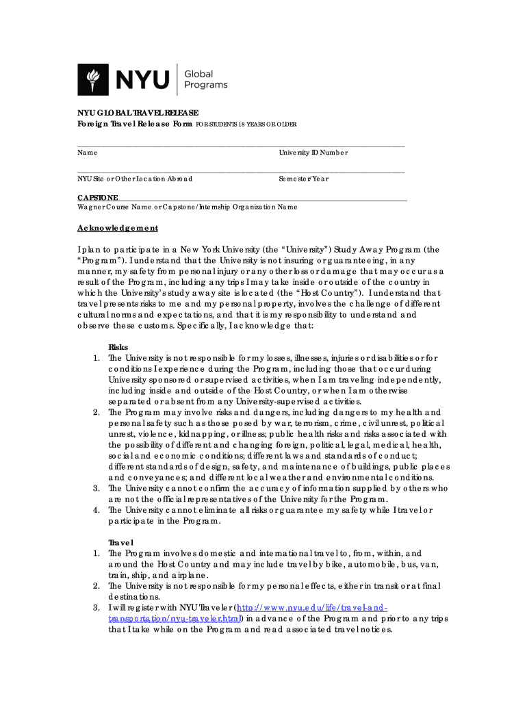 Fillable Online NYU GLOBAL TRAVEL RELEASE Foreign Travel Release Form