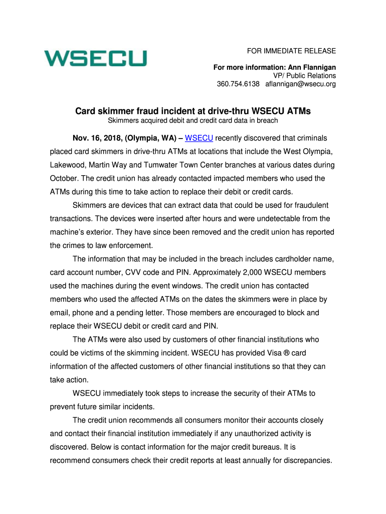 Fillable Online Card skimmer fraud incident at drivethru WSECU ATMs