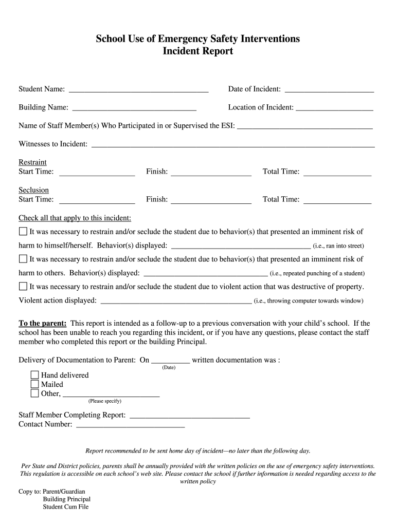 School Use of Emergency Safety Interventions Incident Report Preview on Page 1