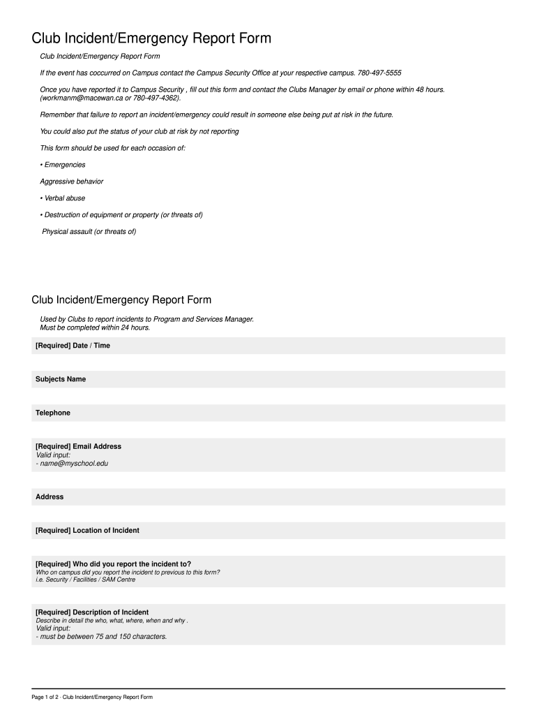 Club Incident Emergency Report Form Students' Association of MacEwan(Umbrella) Form Preview on Page 1