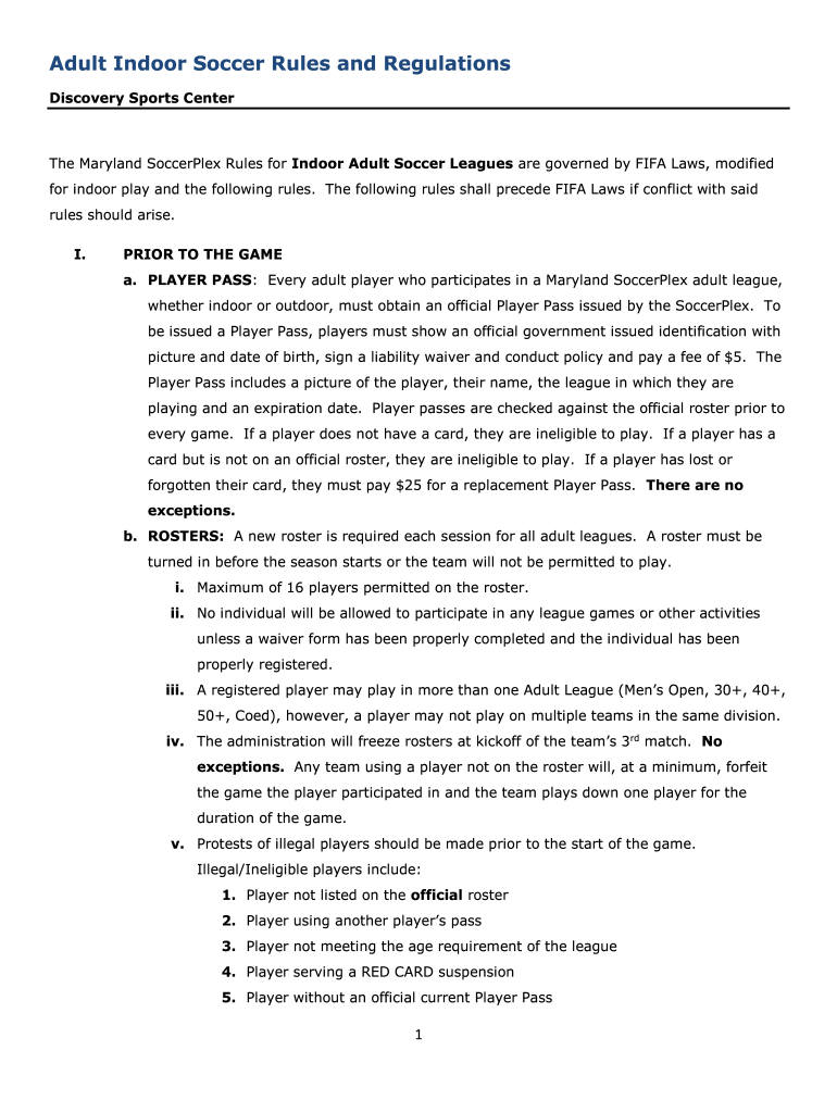 Fillable Online Adult Indoor Soccer Rules and Regulations Fax Email