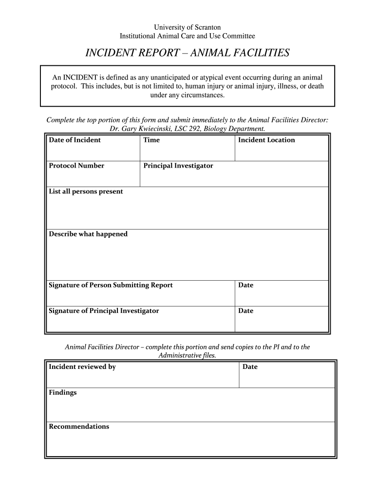 INCIDENT REPORT ANIMAL FACILITIES Preview on Page 1