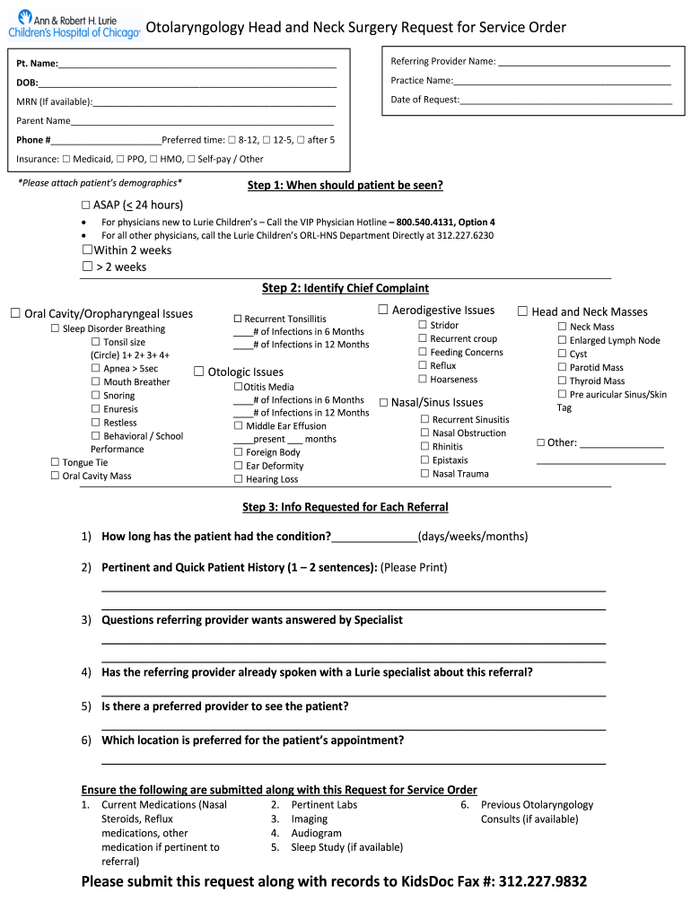 Otolaryngology Head and Neck Surgery Request for Service Preview on Page 1