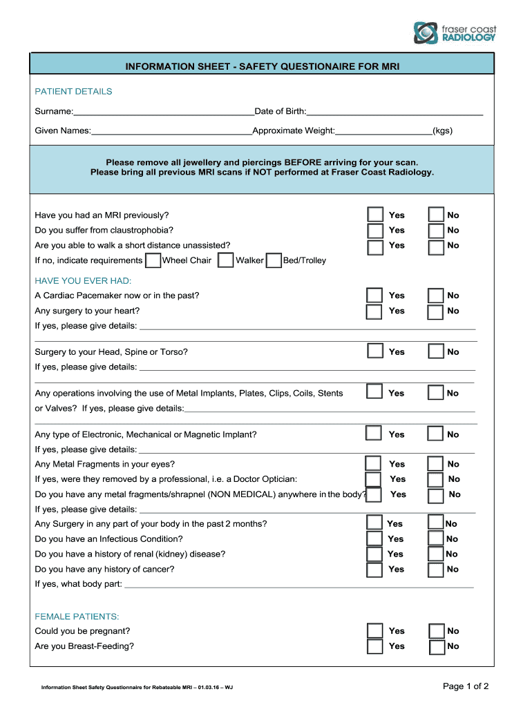 information sheet - safety questionaire for mri - Fraser Coast Preview on Page 1