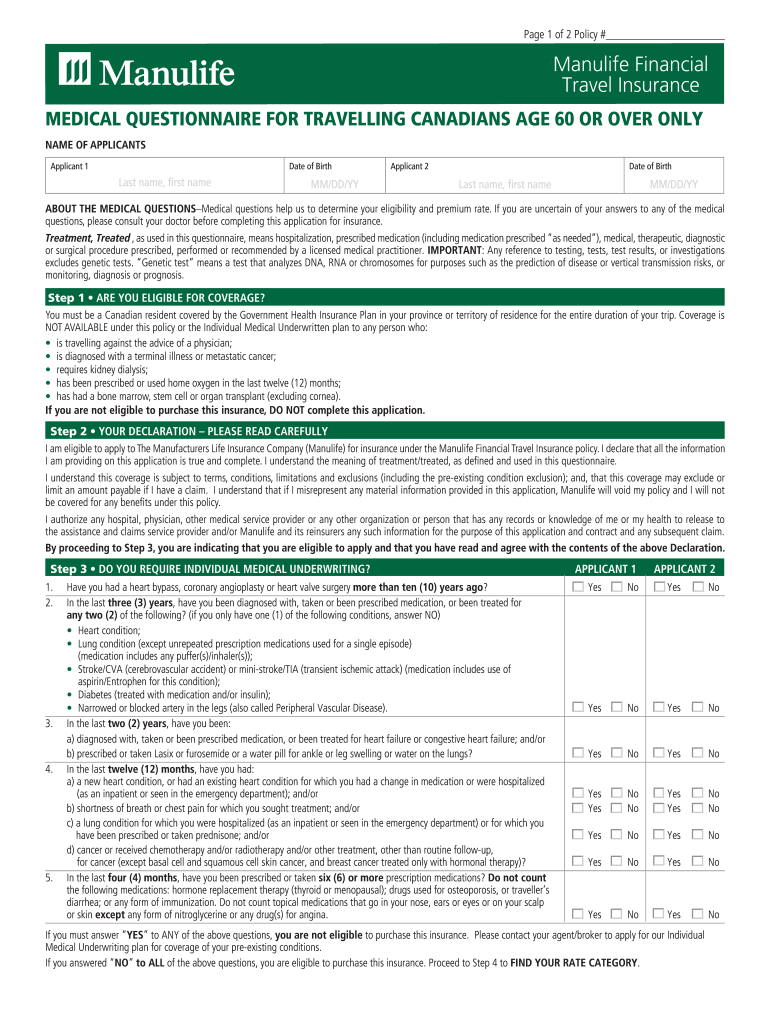 Fillable Online Manulife Medical Questionnaire for Travelling Canadians