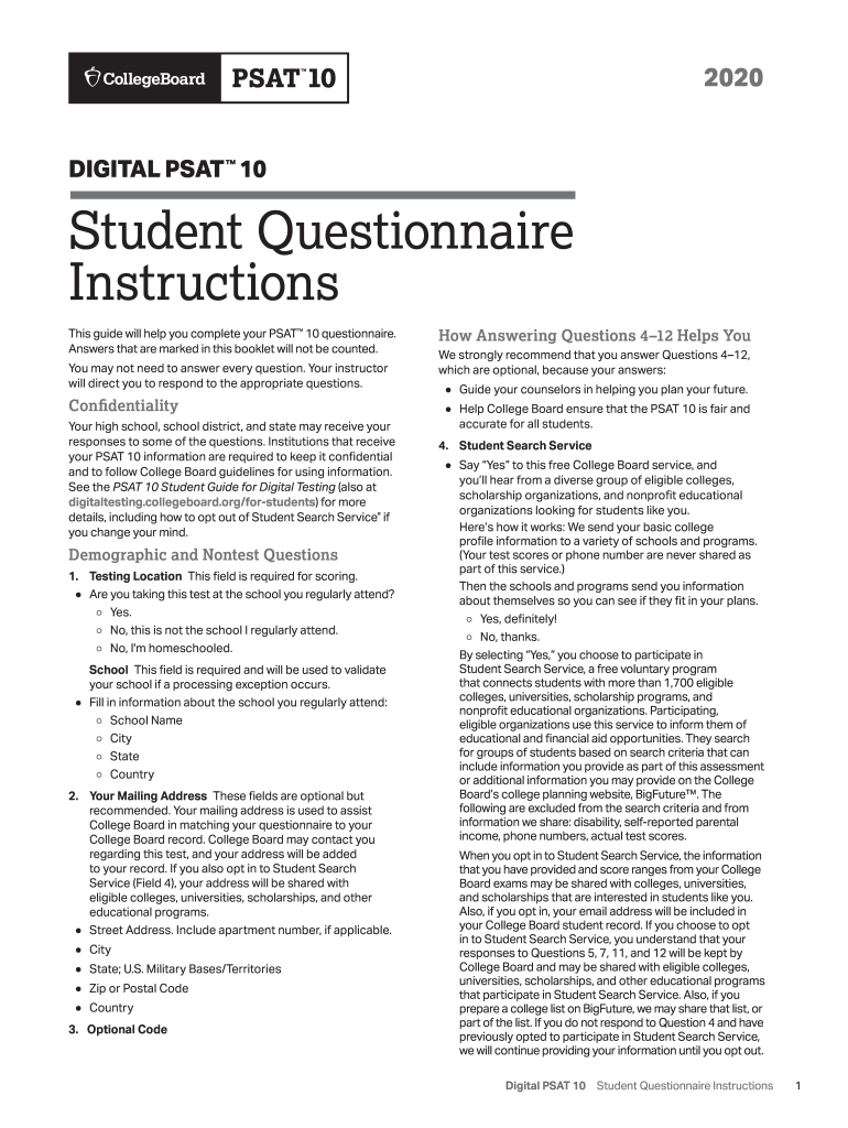 Fillable Online PSAT/NMSQT Sample Student Questionnaire - The College ... Fax Email Print ...