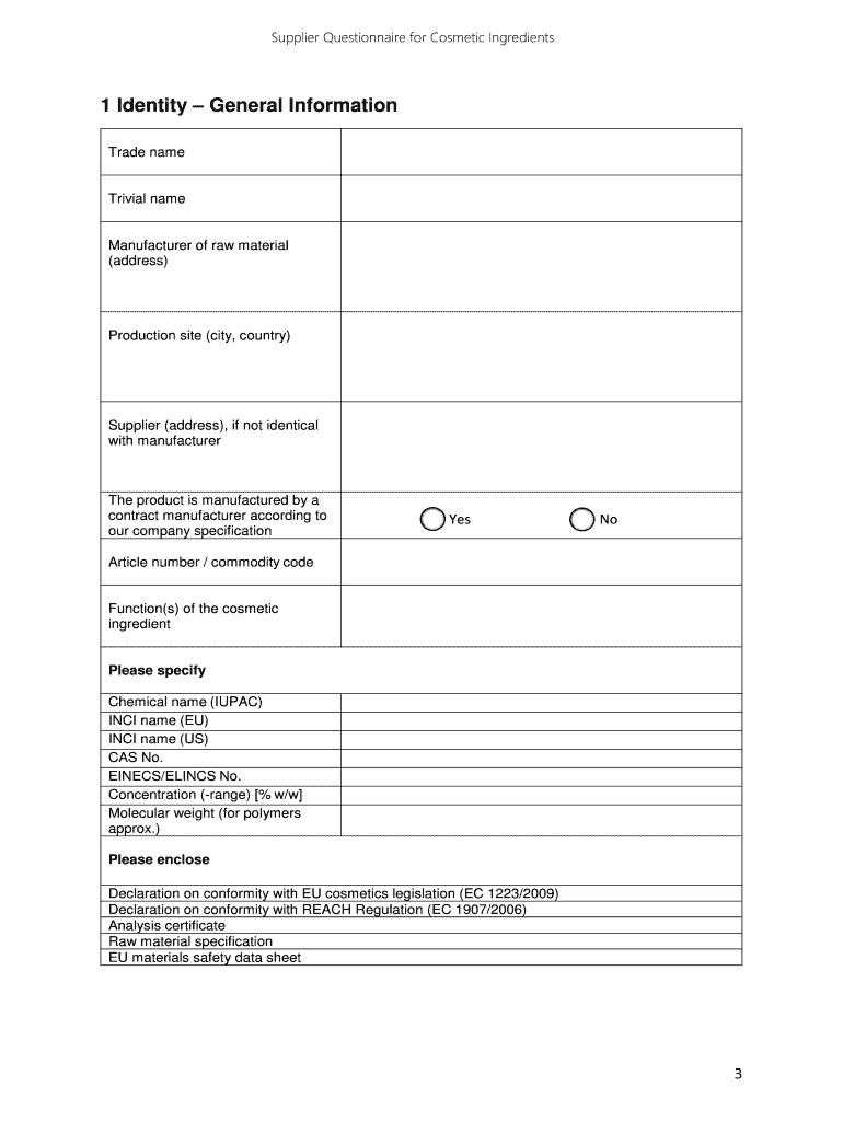 Supplier Questionnaire for Cosmetic Ingredients - IKW Preview on Page 1