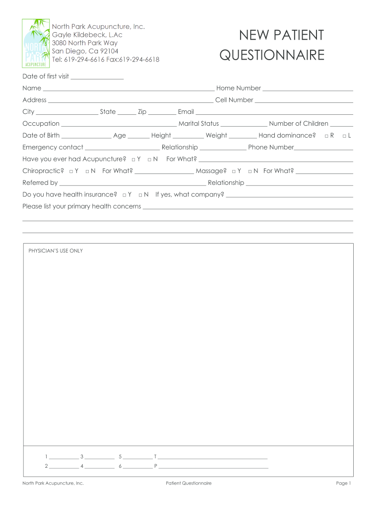 new patient questionnaire - North Park Acupuncture Preview on Page 1