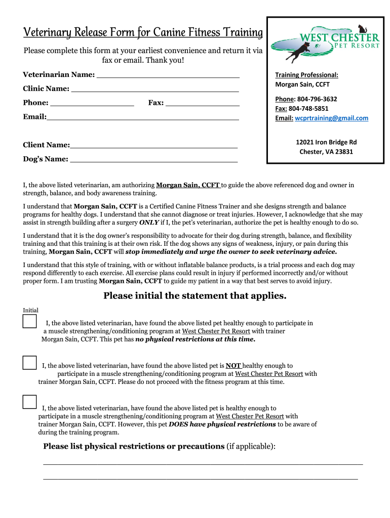 Veterinary Release Form for Canine Fitness Training Preview on Page 1