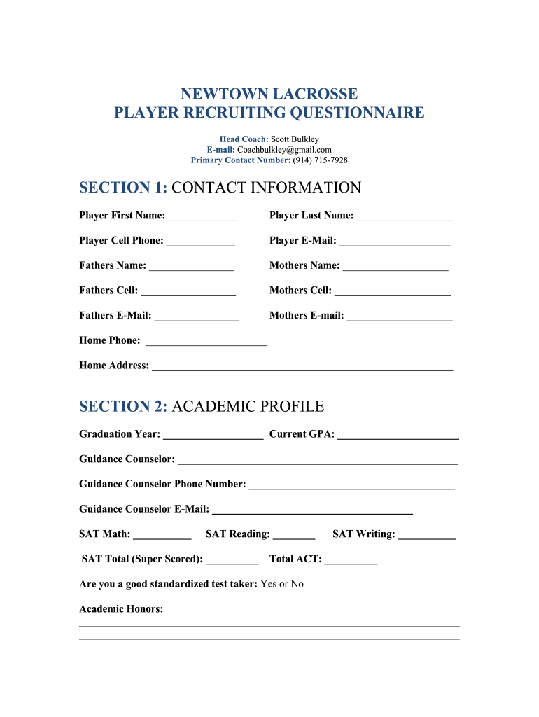 Fillable Online NEWTOWN LACROSSE PLAYER RECRUITING QUESTIONNAIRE Fax