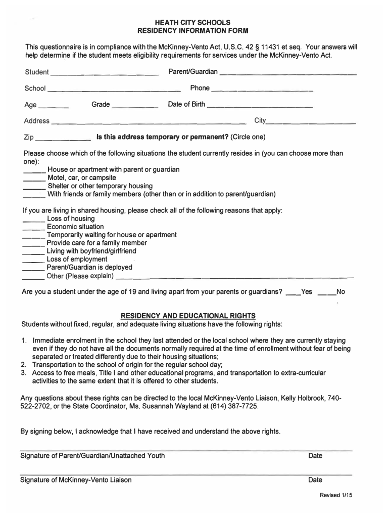 Fillable Online HEATH CITY SCHOOLS RESIDENCY INFORMATION FORM Fax