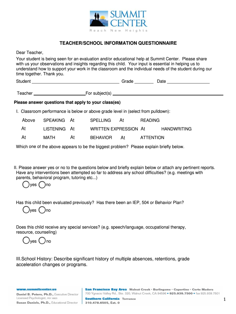 TEACHER SCHOOL INFORMATION QUESTIONNAIRE Preview on Page 1