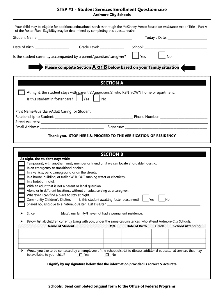 2010 OK Ardmore City Schools Student Services Enrollment Questionnaire Preview on Page 1