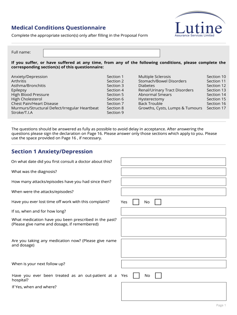 united kingdom medical questionnaire Preview on Page 1