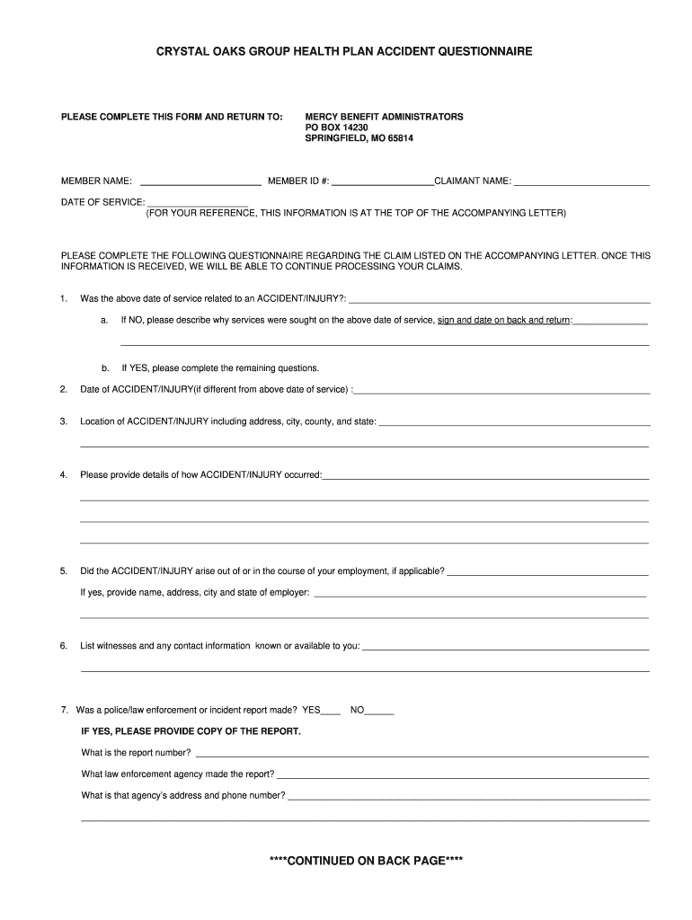 CRYSTAL OAKS GROUP HEALTH PLAN ACCIDENT QUESTIONNAIRE Preview on Page 1