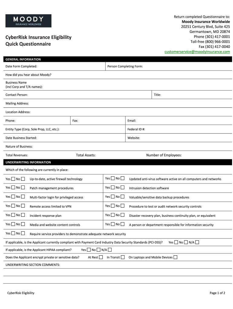 CyberRisk Eligibility - Moody Insurance Quick Questionnaire - PRINT THIS TO PDF FORM Preview on Page 1