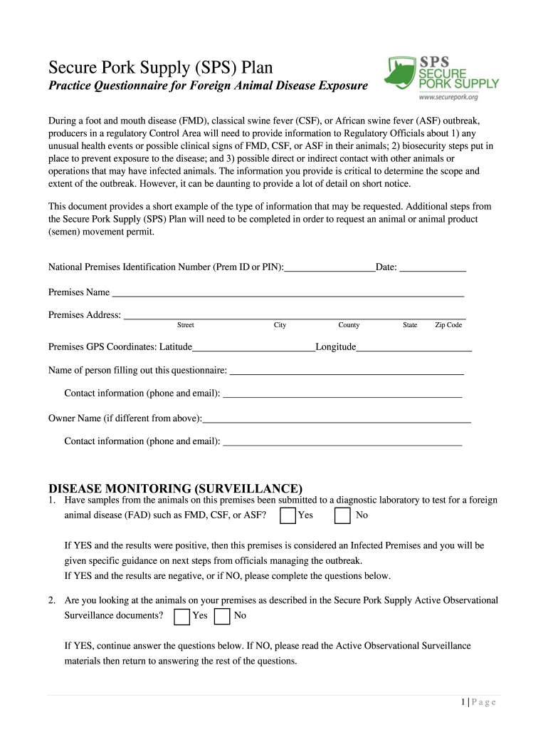 SPS Practice Questionnaire for Foreign Animal Disease Exposure Preview on Page 1